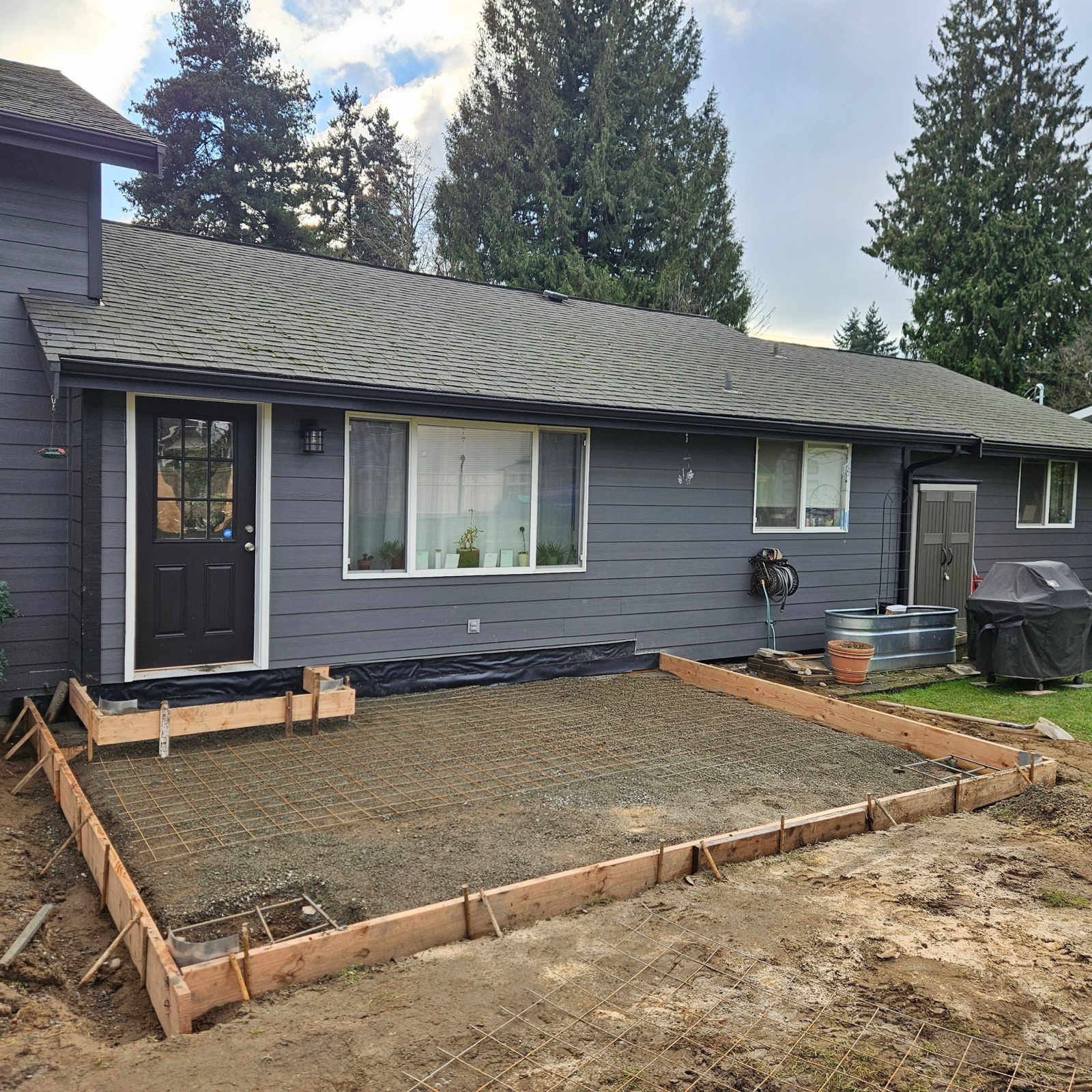 Formed and rebar-reinforced concrete slab ready for pour