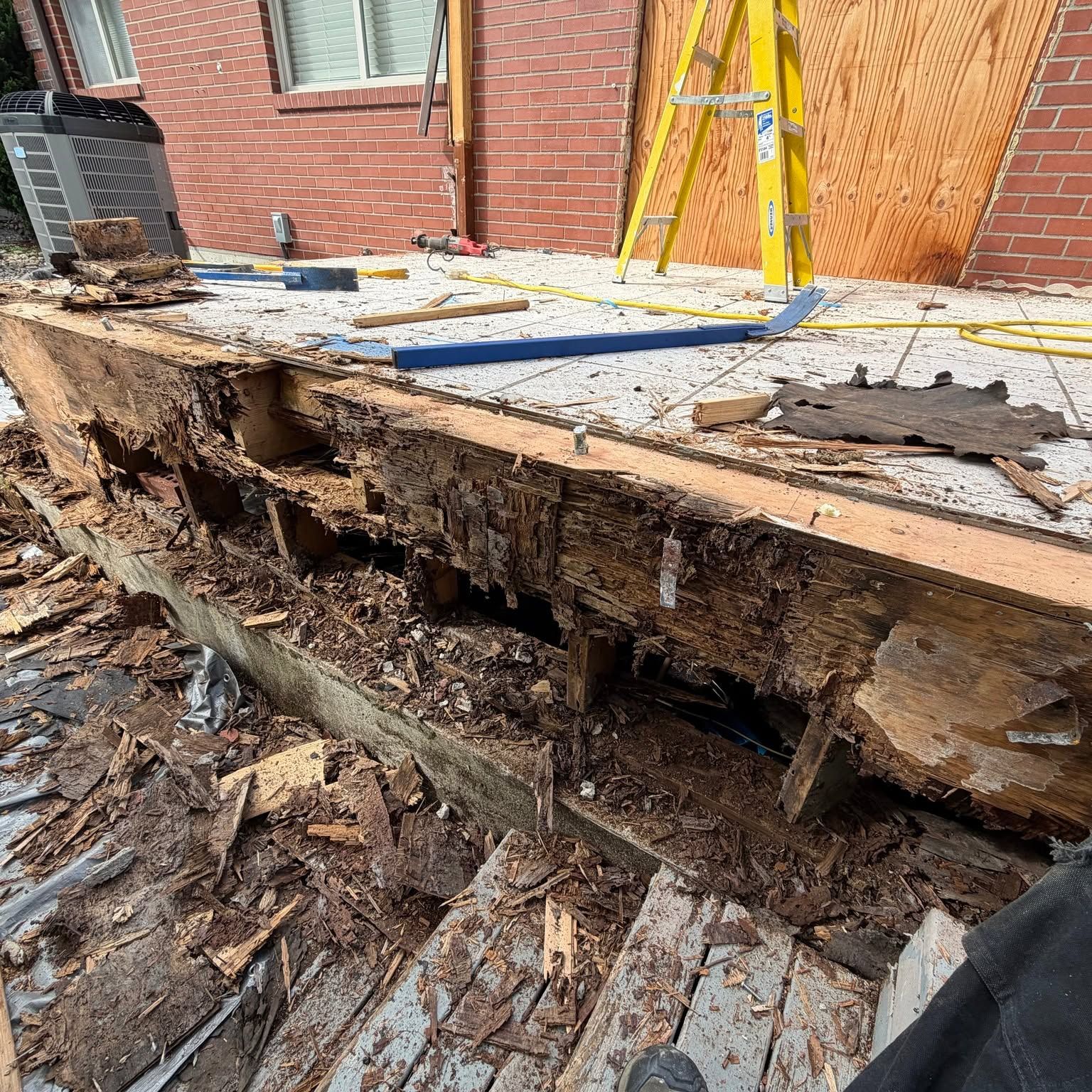 Rotted floor framing demolished to structure